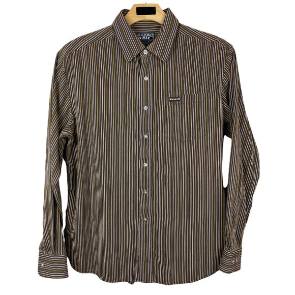 Avirex Button Down Shirt L Brown Mustard Yellow Striped‎ Long Sleeve Men - Picture 9 of 9